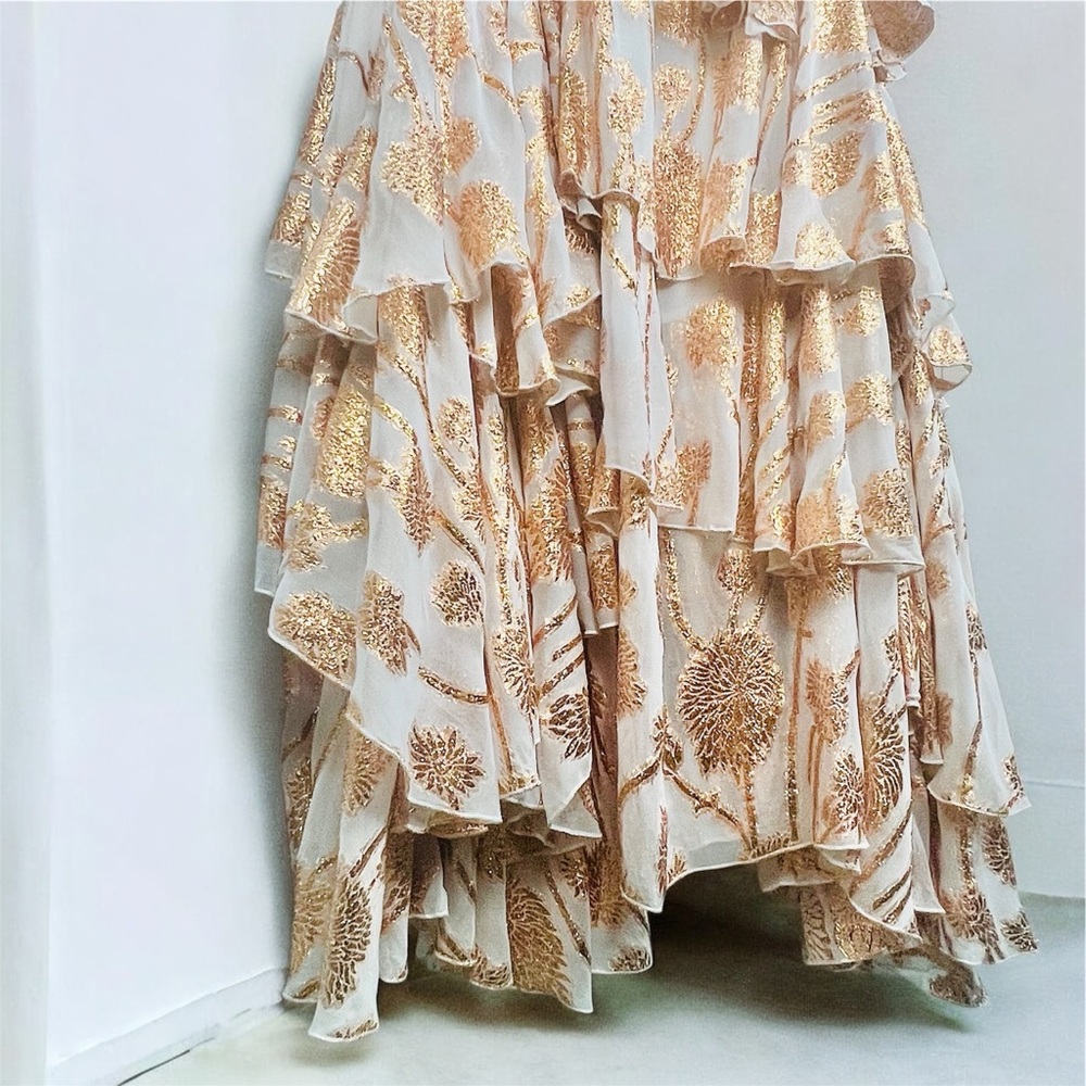 Alexandra Miro Cordelia Tiered Ruffle Maxi Skirt Gold Metallic Floral Large L - Picture 11 of 14